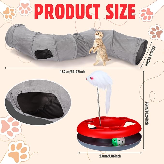 12pcs Cat Tunnel Set Large Collapsible Pet Tunnel Tube S-Shaped Maze Cats Indoor Cat Toy with Stick Pet Blanket Turntable Toy Balls Mice Fish and Noise Paper Ball Kitten Exercise Play - Image 2
