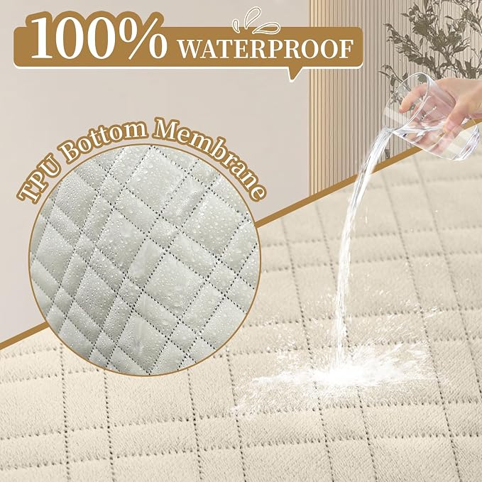 Velvet 100% Waterproof Couch Cover for Dogs Washable Sofa Covers for 3 Cushion Couch Pet Friendly Sofa Slipcovers Set Non Slip Quilted Furniture Protector with Pockets (Large, Beige) - Image 2