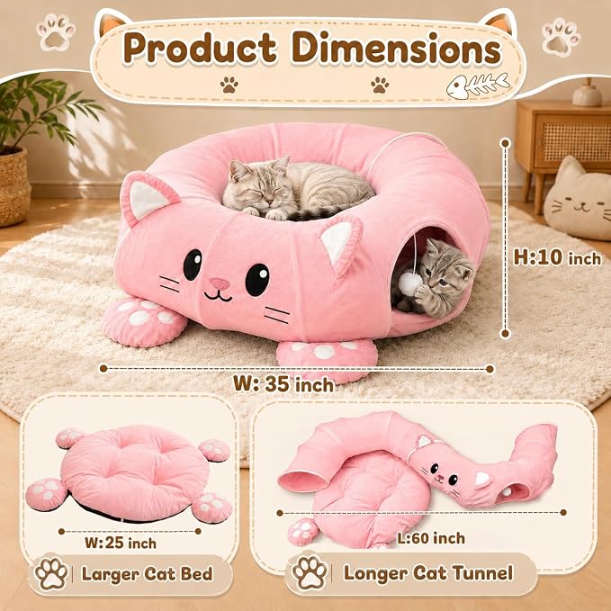 Cat Tunnel Bed with 21 Interactive Toys | Kitten Bed with Collapsible Tunnel for Indoor Cats, Cute Play Tube with Enrichment Toys (Pink, Kitten Pattern) - Image 4