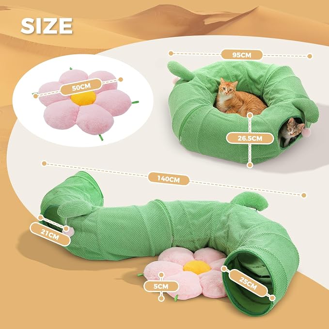 PEQULTI Flower Donut Cat Tunnel Bed Washable Plush Mat Multi for Small Pets | Round play tube with soft detachable plush mat, multi-pet toy fit indoor cats, kittens, puppies, rabbits and ferrets - Image 2