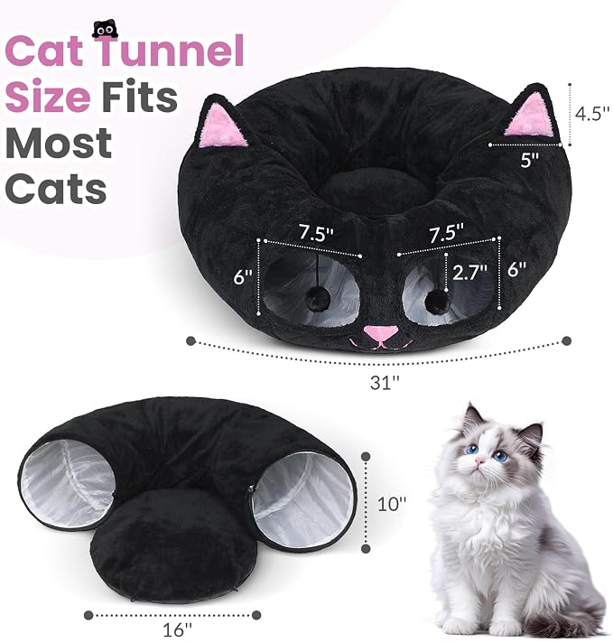 Baseola Fuzzy Cat Tunnel Bed for Indoor Cats, 2-in-1 Interactive Cat Toys | Peekaboo Cat Cave with Washable Mat, Collapsible Cat Play Tunnel for Kittens & Small Pets, Cat Donut Bed Tunnel, Black Pink - Image 4