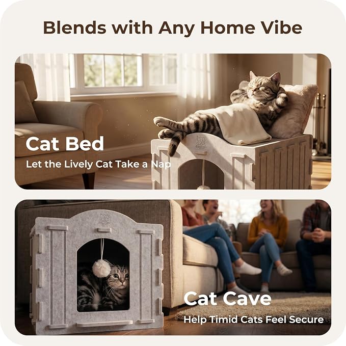 Cat Bed Cave for Indoor Cats: New Felt Cat Bed with Fluffy Ball, Foldable Cat House with Scratch-Resistant Board, Hideaway Cat Cave for Timid Cats, Sturdy Two-Tier Cat Condo & Cat Houses - Image 2