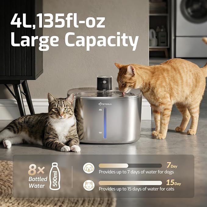 Cat Water Fountain Stainless Steel,152oz/4L Wireless Pet Fountain Battery Operated,Quiet Filtered Pet Water Fountain,Automatic Water Bowl for Cats Dogs with Motion Sensor 5 Filters - Image 4
