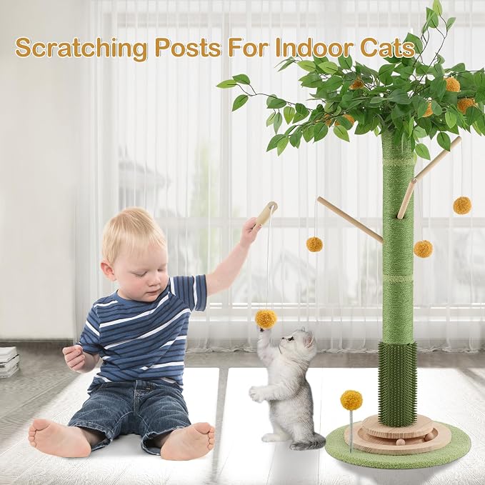 46" Tall Cat Scratching Post, Natural Sisal Cat Tree for Indoor Adult Cats | Vertical Cat Scratch Post for Body Stretching, Self-groomer Brush, Stable 3-layer Solid Wood Base, Interactive Ball Track Toy - Image 4