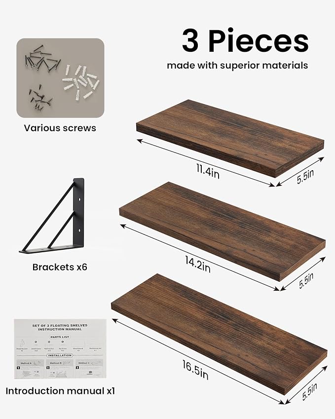 BAYKA Wall Shelves for Bedroom Decor, Floating Shelves for Wall, Display Mounted Rustic Wood Shelf for Books,Plants,Corner Shelves for Bathroom,Kitchen,Living Room(Rustic Brown,Set of 3) - Image 7