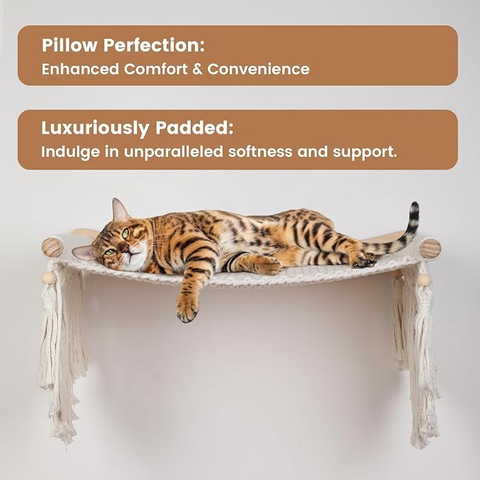 Macrame Cat Wall Shelves & Hammock - Comfy Cat Beds with Window Perch for Indoor Cats, Sleeping & Climbing, Cotton Rope, Natural Wood, Maximum Hold up to 30lb, Beige White - Image 4