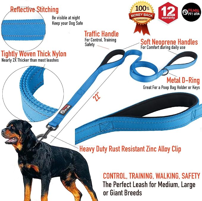 Dog Leash 6ft Long,Traffic Padded Two Handle,Heavy Duty,Reflective Double Handles Lead for Control Safety Training,Leashes for Large Dogs or Medium Dogs,Dual Handles Leads(Blue) - Image 2