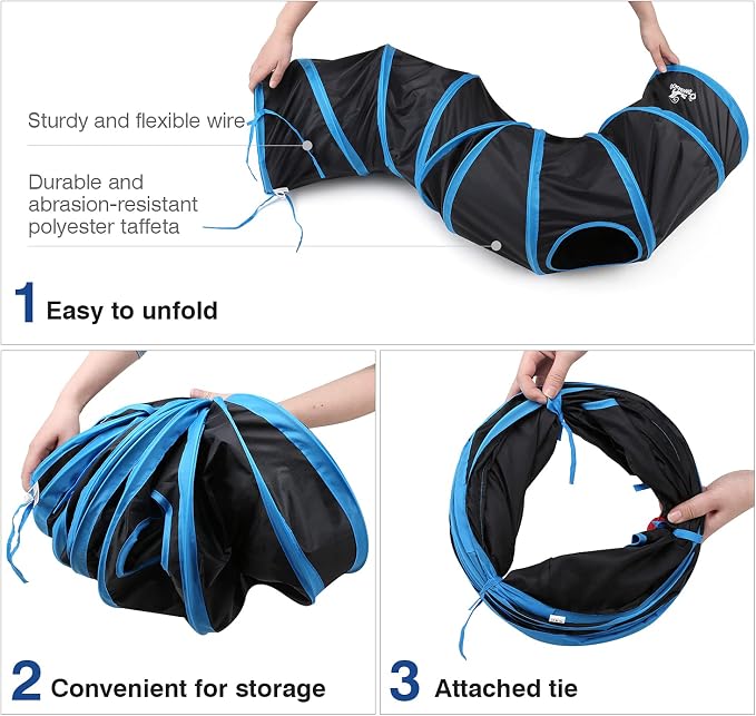 Pawaboo Cat Tunnel Tube S-Shaped, 25x97cm, Blue | Extensible Collapsible, Interactive Toy Maze, With Balls and Bells, For Kitten Kitty Rabbit Small Animal - Image 6