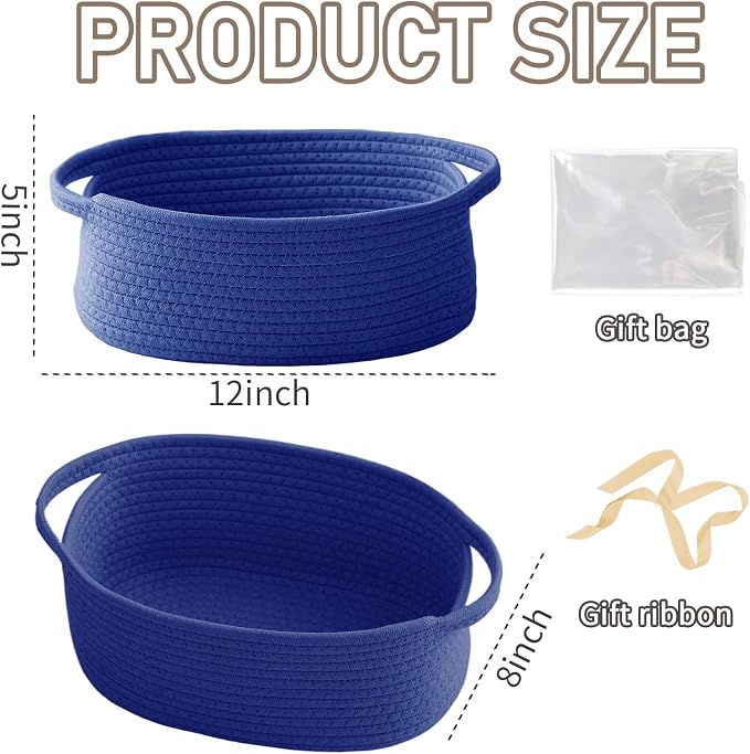 JMvicyroam Small Woven Basket, Empty Gift Basket, Navy Blue/3 Pack | Small Gift Basket, Cotton Rope, 12 x 8 x 29 in, Handles, Includes Ribbon and Bag, Birthday Gift Basket - Image 2