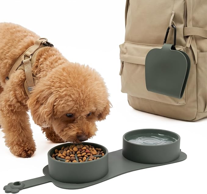 Portable Collapsible Travel Double Bowl for Small Dogs Up to 10 lb | Silicone bowl with a slow feeder side and carabiner. Unique design avoids onsite cleanup. Pour out water, close it and go by Unknown