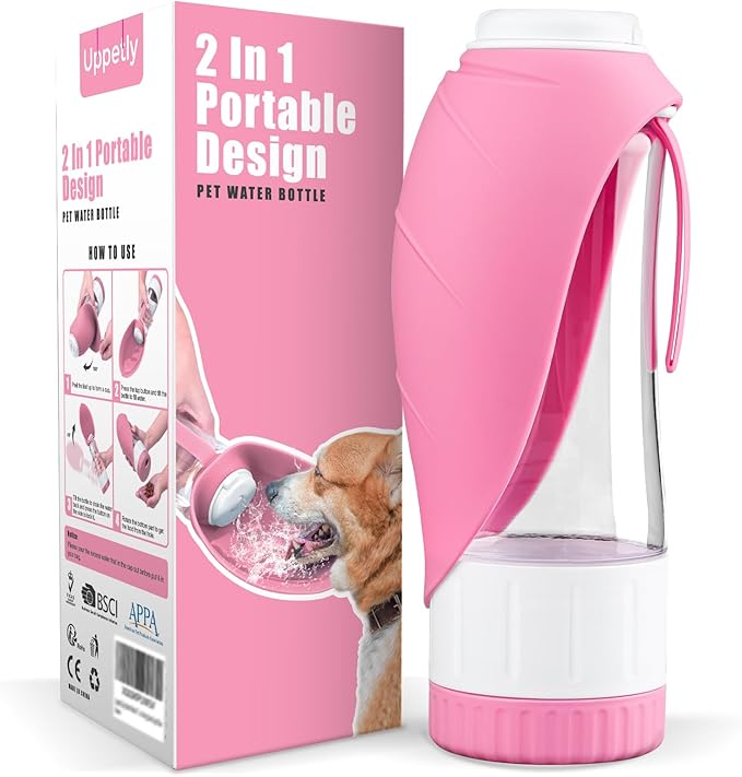 Uppetly Dog Water Bottle, Pet Water Bottle with Food Container and Drinking Feeder, Leak Proof, BPA-Free, Portable Foldable Puppy Water Cup Dispenser for Outdoor Walking, Travel, Hiking Large Pink by Uppetly