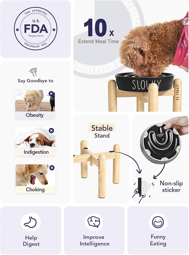 LE TAUCI PET Ceramic Slow Feeder Dog Bowls Elevated, 0.6 Cups Raised Dog Bowl with Wooden Stand for Small Breed to Slow Down Eating, Puzzle Food Bowl,Black - Image 4