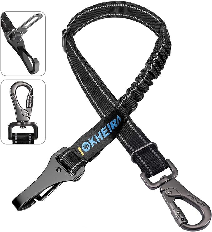 Dog Seat Belt 3-in-1 Car Harness for Dogs Adjustable Safety Seatbelt for Car Nylon Reflective Bungee Fabric Dog Car Harness with Clip Hook Latch & Buckle, Swivel Zinc Alloy Carabiner (Black) by IOKHEIRA