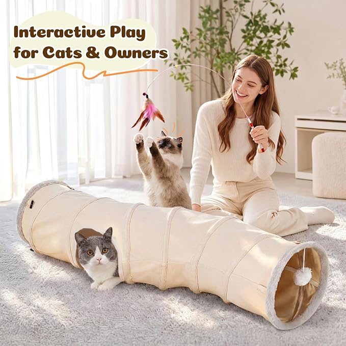 Ownpets S-Shape Cat Tunnel Toy 48"L x 12"D, for Cats, Puppies & Small Pets | Collapsible for storage, tear-resistant oxford fabric, connects to other tunnel, with peek hole, feather wand, indoor/outdoor - Image 7