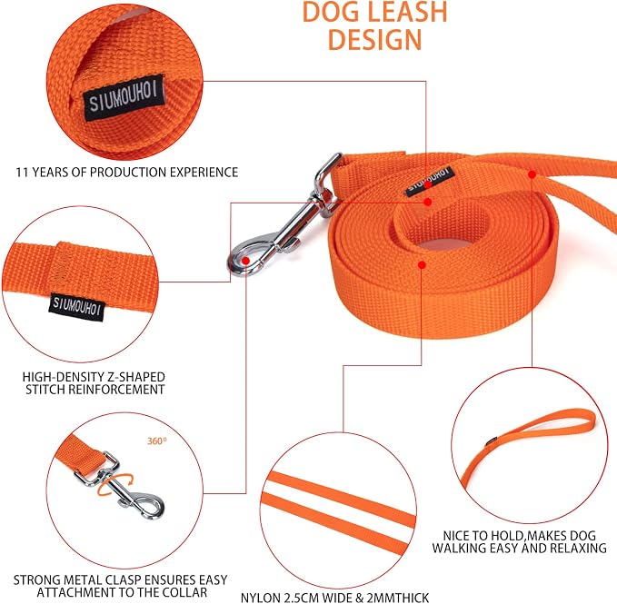 Strong Durable Nylon Dog Training Leash, 1 Inch Wide Traction Rope, 6 ft 10ft 15ft Long, for Small and Medium Dog (Orange, 10 Feet) - Image 3