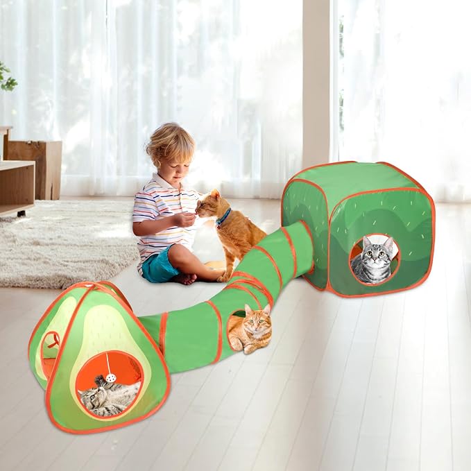 Rypet Cat Toy Tunnel and Cubes Bundle, Play Tubes for Indoor Cats, Green | 3-in-1 Tunnel Cubes Tent, Crinkle Tube for Play, DIY Shapes, Ball and Bell for Play, Tear-Resistant Polyester, Folds Flat - Image 6