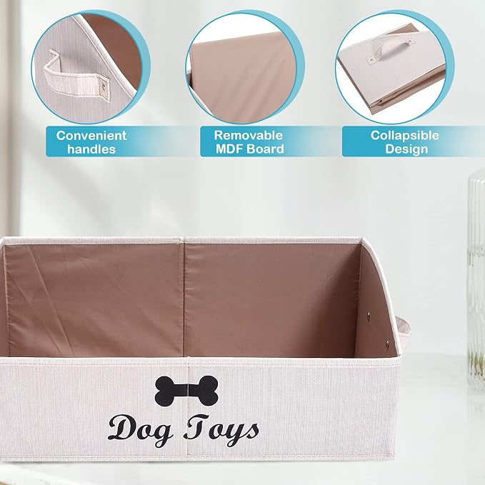 Linen-Cotton Blend Dog Toy Basket,Collapsible Dog Toy Box,Dog Toy Bin Storage-Perfect for Organizing Pet Toys,Blankets,Leashes,Rope Toys,Clothing - Beige - Image 4