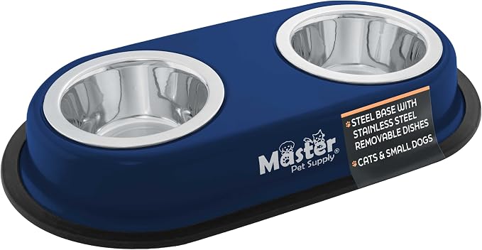 Master Pet Supply Double Dog Bowls Set with Elevated Base Navy Blue | 2 - (8 oz) Stainless Steel Removable Dishes Double Cat Food Water Bowl, Dog Puppy Food Bowl Set, Rust Resistant, Raised Dish by MasterPetSupply