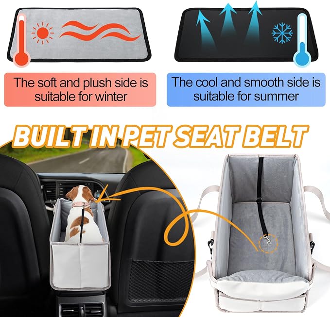 Portable Dog Car Seat for Small Dogs, Puppy Car Seat, Beige | Booster Seat With Safety Leash & Adjustable Straps Keeps Small Dogs Secure. Removable Washable Cushion. Fits Most Cars. - Image 6