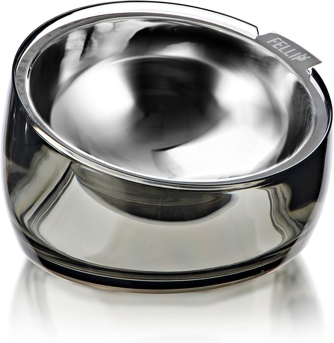 Felli Pet Oblik Acrylic Raised Dog Food Water Bowl Stainless Steel Slanted Oval Dish for Short Leg Puppy & Small Medium Pet, Elevated Tilted Metal Feeder (Smoky, 1.5 Cups Oval Dish) by Felli