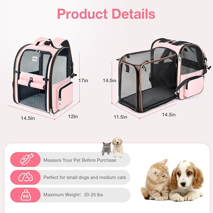 Large Cat Backpack Carrier Expandable Foldable Pet Carrier Backpack for Small Dogs Puppy Medium Cats Fit Up to 18 Lbs for Travel, Hiking,Pink - Image 2