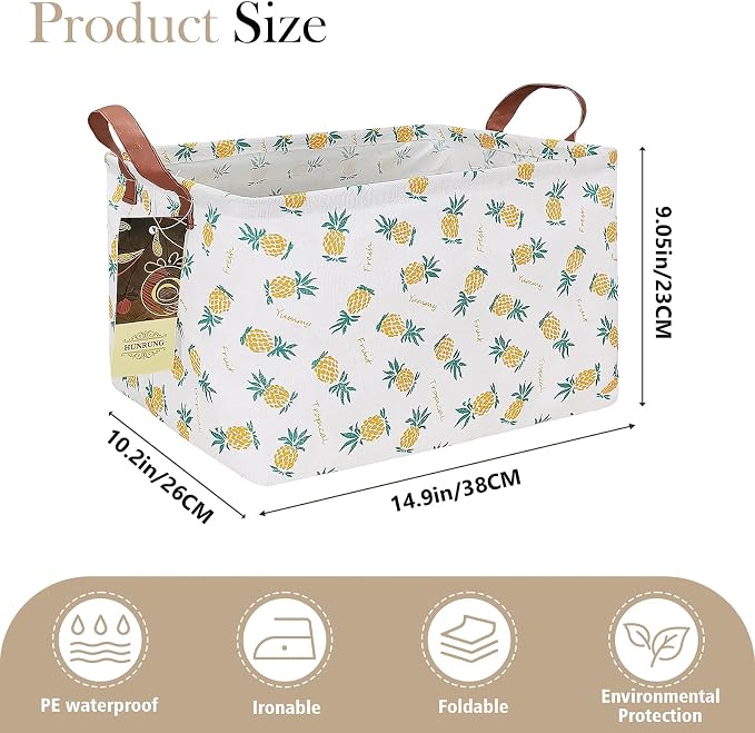 Rectangle Foldable Storage Basket Handles For Home, Pineapple | Waterproof canvas material, reinforced handles, perfect for shelf use, organizes clothes, daily items and pet supplies - Image 7