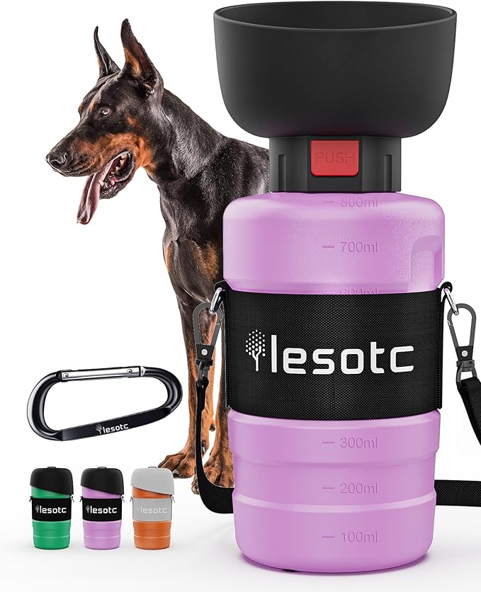 lesotc Dog Water Bottle Portable, 28oz Portable Dog Water Bottle with Bowl, Leak Proof Travel Bowl Dispenser for Dogs, One-Hand Squeeze Puppy Essentials for Walking, Hiking, Camping by lesotcbrand