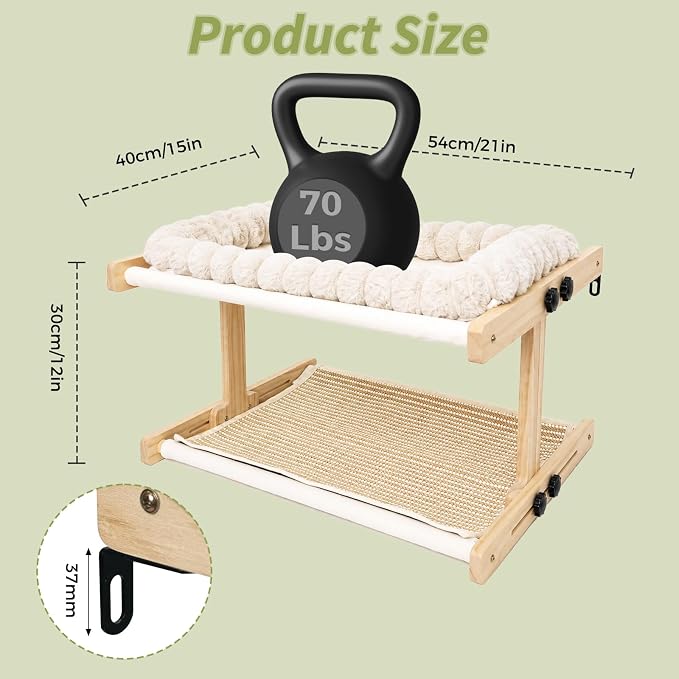 Teabelle Double Layer Cat Window Perch with 3 Interchangeable Mats | Bedside Sleeper, Adjustable Solid Wood Tree Cat Hammock for Small & Medium Breeds, Sturdy Window Bed(Plush, Sisal, Canvas) - Image 2