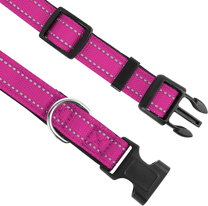 Reflective Dog Collar, Adjustable Soft Neoprene Padded,Rose Red,L | Breathable Nylon for Large Dogs,Tear-Resistant Webbing,Chafe‑Free on Walks and Hikes,Metal D-Ring,Night Safety - Image 3