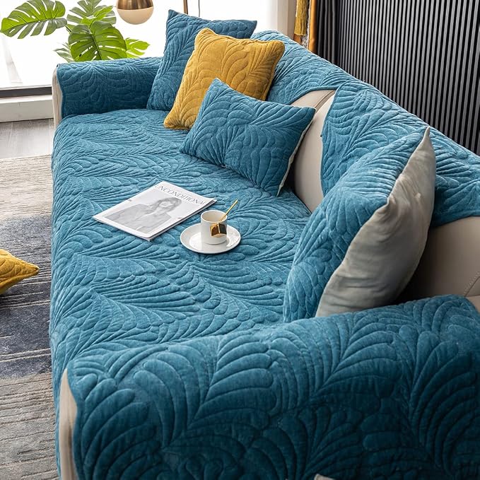 Couch Covers Plush Quilted Sofa Covers for Sectional Sofa Washable | Palm Leaves Couch Cover Chenille Non Slip Sofa Covers Soft Sofa Slipcover Furniture Protector for Pets Kids Children Dogs Cat - Image 6