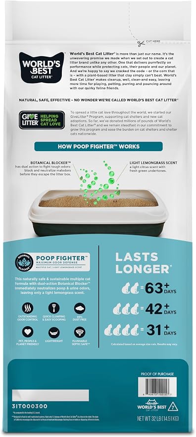World's Best Cat Litter, Poop Fighter, Urine & Poop Odor Defense, 32 lb Bag | Neutralizes urine and poop odor with plant-based blockers; natural corn litter, quick clumping, flushable, 99% dust free - Image 2