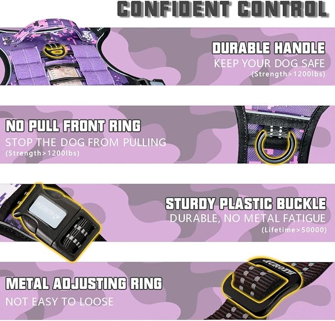 AUROTH Tactical Dog Harness for Extra Large Dogs, Heavy Duty No Pull Vest | Easy Control with Handle, Reflective, Military K9, No Choke, 2 Clips, for Walking Hunting Hiking Training, Purple Camo, XXL - Image 4