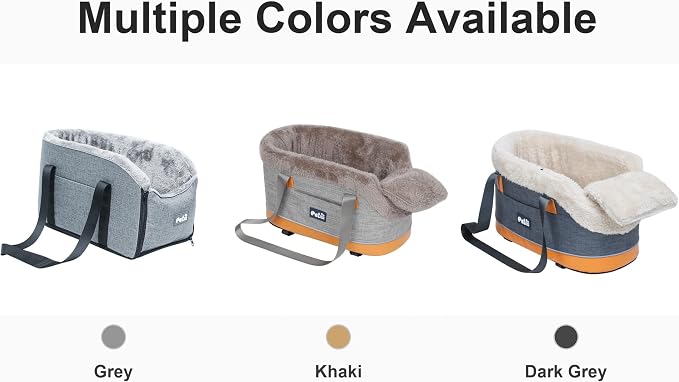Pet Car Center Console Elevated Armrest Car Seat for Small Puppy, Dogs & Cats (Up to 10 lbs) – Dark Gray Washable Plush Carrier with Safety Leash, Fits Front Vehicle Console Space (Khaki) - Image 3