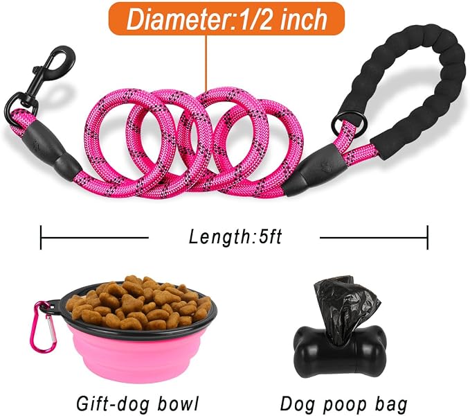 BARKBAY Dog Leashes for Large Dogs Heavy Duty Dog Leash 4/5/6 FT with Comfortable Padded Handle and Highly Reflective Threads for Medium Large Dogs Walking Training Running (5FT-1/2'',Fushcia) - Image 6