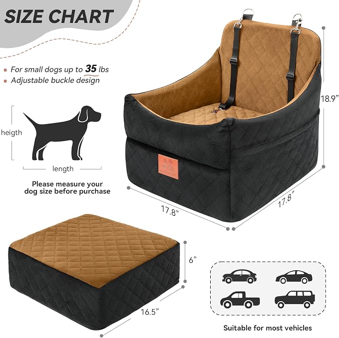 GL GLENSLAVE Dog Car Seat for Small/Medium Dogs, Dog Booster Car Seats with Thick Cushion for Dogs Under 35lbs, Detachable Washable Pet Carseat with Storage Pockets, 2 Safety Belts(Black/Coffee) - Image 3
