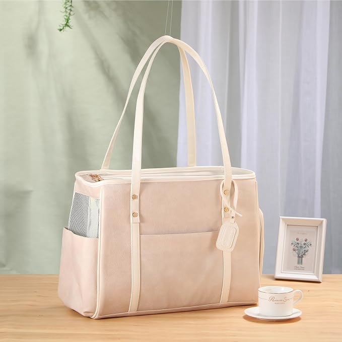 Fashion Dog Carrier Purse, Premium Leather Cat Carrier Bag, Airline Approved Soft Sided Pet Travel Tote Bag with Pockets Beige - Image 6