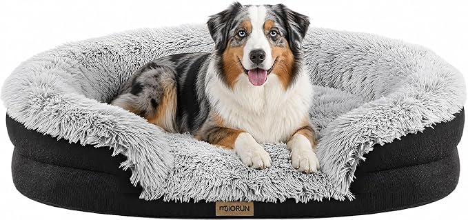 Miorun Fluffy Orthopedic Dog Beds Large Sized Dog, 40" Bolster Sofa Bed | Soft plush faux fur,lowered entry,washable cover,waterproof liner,claming dog couch for x-large dogs,supportive bolster by Miorun