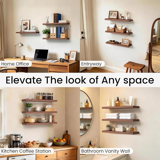 BAYKA Walnut-Like Floating Shelves 22.5in, 3Pack, Wall Mounted Wall Decor | Easy Install, 22lbs Max Load, Hidden Bracket, Shelf for Bathroom Bedroom Kitchen Books Display Storage, Multi-Wall Compatible - Image 6