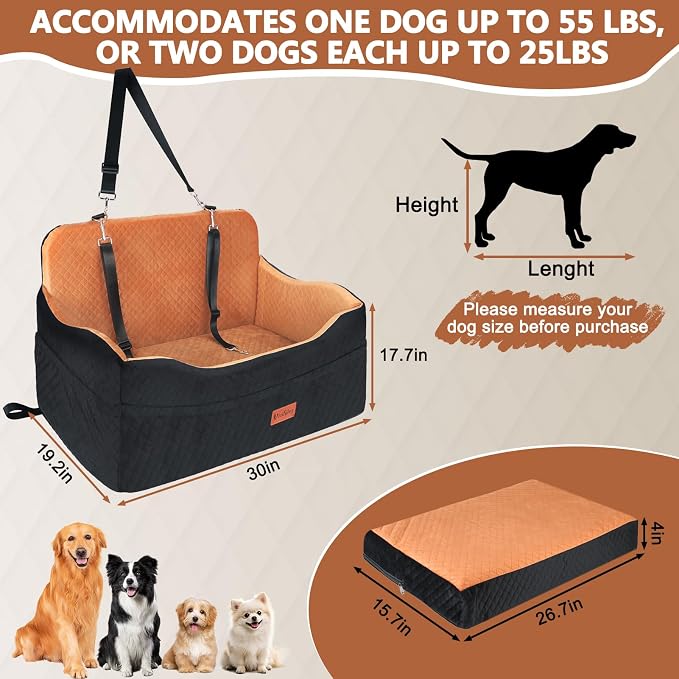 Vivifying Dog Car Seat for Back Seat, Booster Travel Bed for Medium Large Dogs or 2 Small Dogs, 4" Raised Foam Cushion, Safety Leash & Washable Cover, Soft Dog Booster Seat for Cars, Trucks & SUVs - Image 3