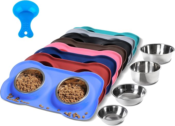 Hubulk Pet Dog Bowls 2 Stainless Steel Dog Bowl with No Spill Non-Skid Silicone Mat + Pet Food Scoop Water and Food Feeder Bowls for Feeding Small Medium Large Dogs Cats Puppies (Small, Blue) by Hubulk
