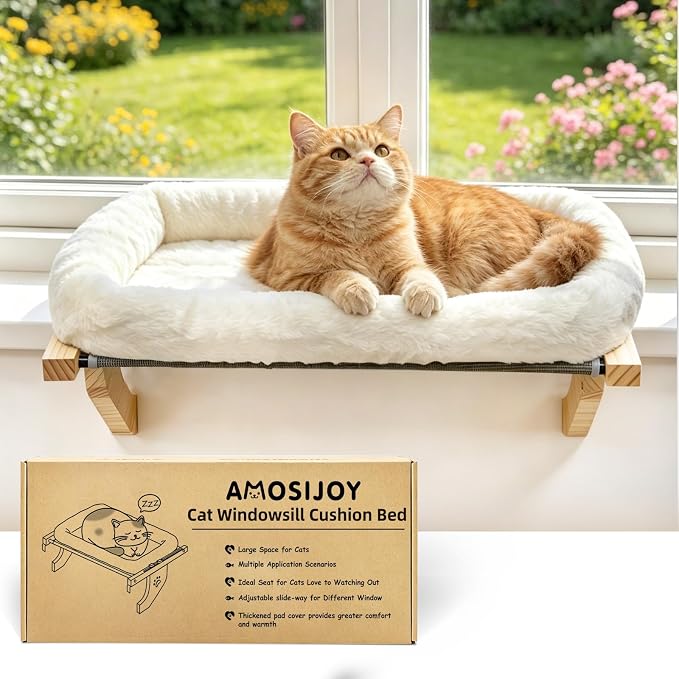 AMOSIJOY Wooden Cat Windowsill Perch with Zipper Cushion Bed, 27.5in | Sturdy Wood & Metal Frame Hold up to 40lbs, Machine Washable, Easy to Adjust, Hook-on Mounting Cat Hammock Seat for Large Cat - Image 6
