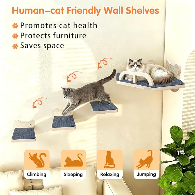 with 3 Climbing Steps Natural Wood Corner Cat Wall Shelves | Wall Mounted Indoor Catio Activity Lounge - Image 3