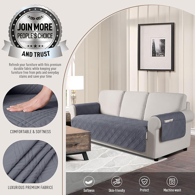 TAOCOCO Waterproof Couch Covers for Dogs, Non Slip Pet Sofa Cover, 3 Seater | Washable Couch Seat Covers with Arms for 3 Cushion Couch, Dog Couch Cover Protector, Pockets & Backless Design, Dark Grey - Image 2