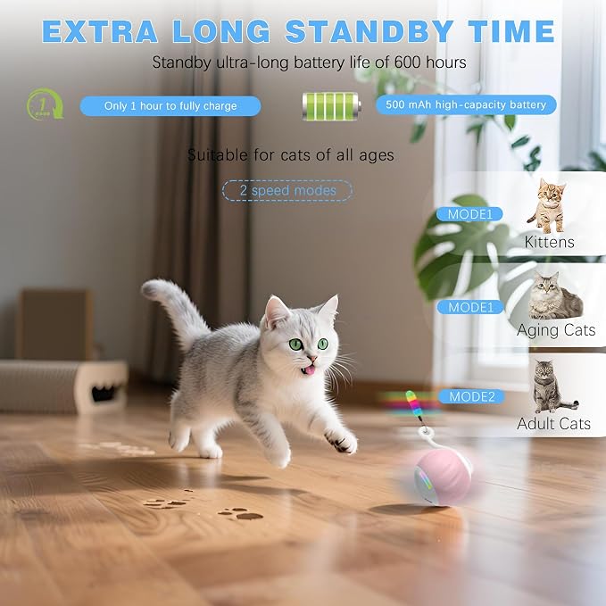 Upgraded 2.36 Inch Large Interactive Cat Toys Ball for Indoor Cats, Pink | Motion and Sound Activated, 2 Speeds, Rechargeable, 5 Replaceable Tails, Stuck-Free Motor, Gray Also Available - Image 2