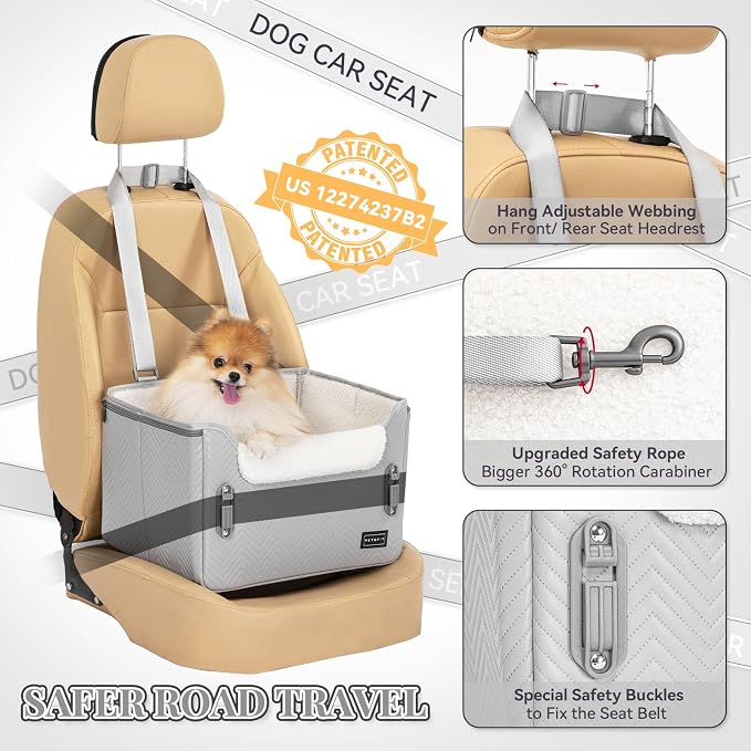PETSFIT Dog Booster Car Seat, Waterproof PU Leather Dog Car Seats for Small Dogs with Patent Safe Buckles, Clip-On Leash, Pet Car Seat for Small Pets Up to 25lbs (Cool Grey) - Image 3