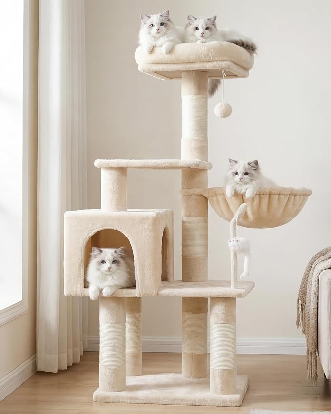 Heybly Cat Tree with Toy, 43.3 inch Cat Tower for Indoor Cats HCT004SM | Cat Condo with Durable Sisal Scratching Posts, Cat House with Padded Plush Perch, Cozy Hammock, Beige by HEYBLY