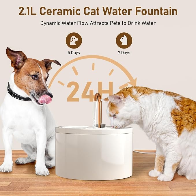 DOOOB Ceramic Cat Water Fountain, 2.1L/71oz Ceramic Cat Fountain | Automatic Ceramic Water Fountain for Cats, Pet Water Fountain with Ultra-Quiet Pump and 3 Filters & 3 Sponges (White) - Image 5