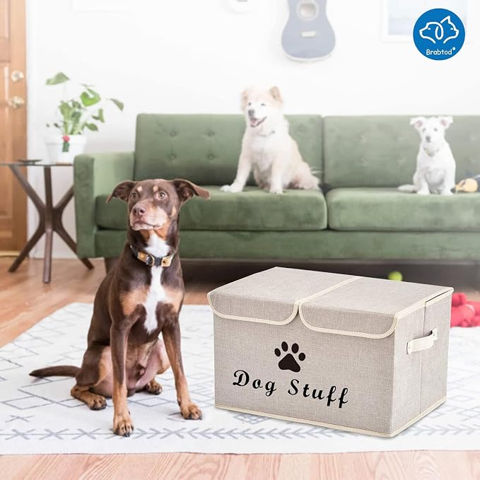 Large Dog Toys Storage Box Canvas Storage Basket Bin Organizer with Lid - Collapsible Linen Bin Ideal for Organizing Dog Cat Toys and pet Stuff-PP Boad-17" x 12" x 10" - Beige - Image 6