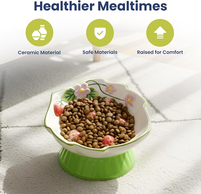 Strawberry Blooms Elevated Ceramic Cat Bowl, Green | Raised Cat Food Bowl with 15° Tilt, Whisker-Friendly Pet Feeding Bowl, Anti-Choking Dish, Dishwasher Safe - Image 9