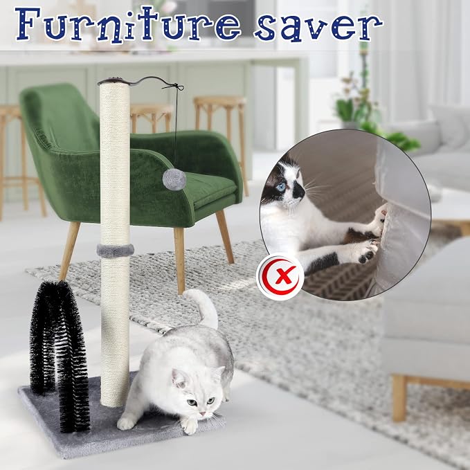 ANWA 32" Tall Cat Scratching Post with Arch Groomer, Natural Sisal, Gray | Natural Sisal Post for Indoor Cats Adults, Stable Cat Post with Plush Toys, Self-grooming Brush, Cat Furniture, Small Space - Image 7